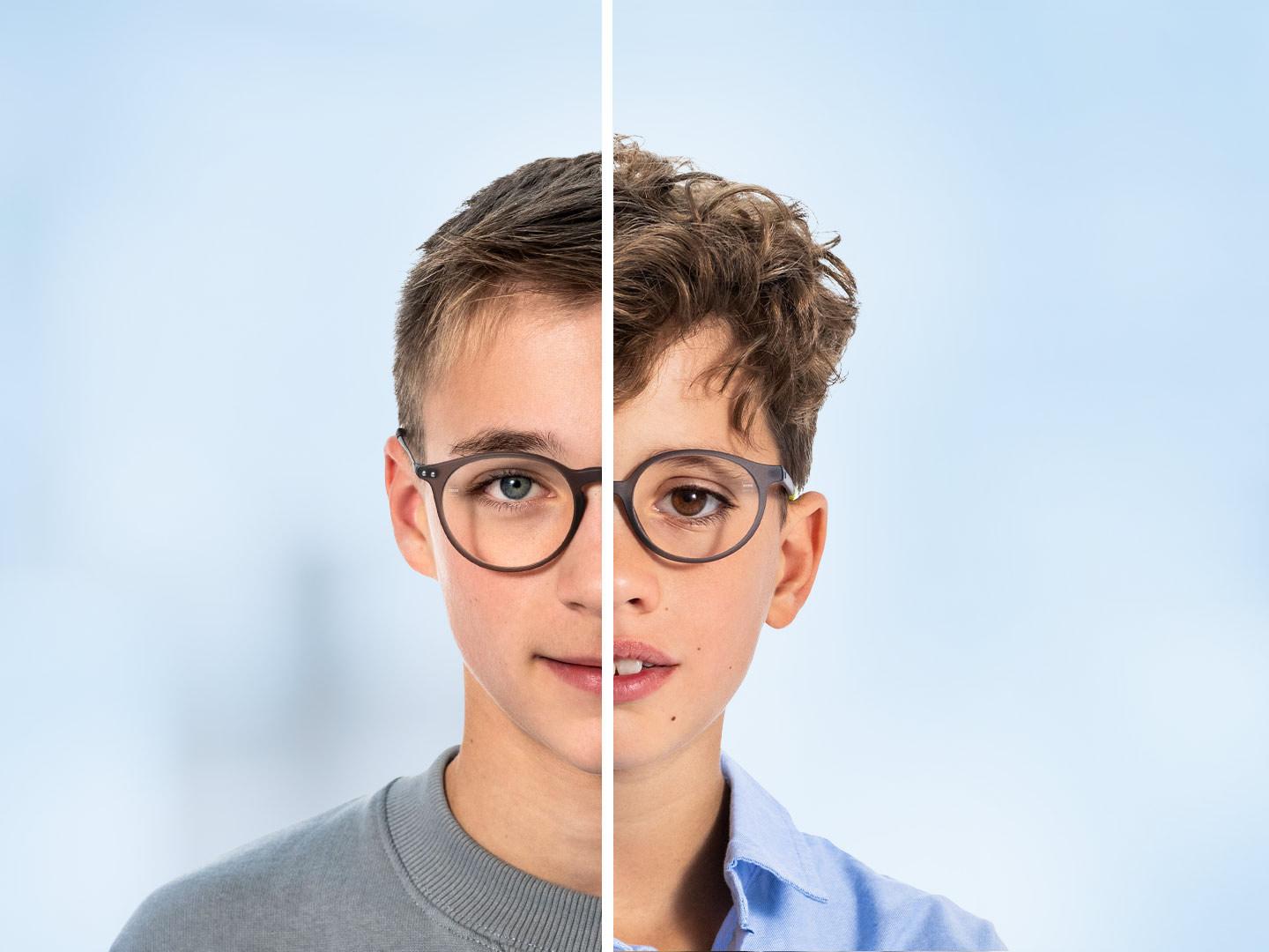 Une moitié de visage d’un garçon adolescent est placée à côté d’une moitié de visage d’un garçon plus jeune.