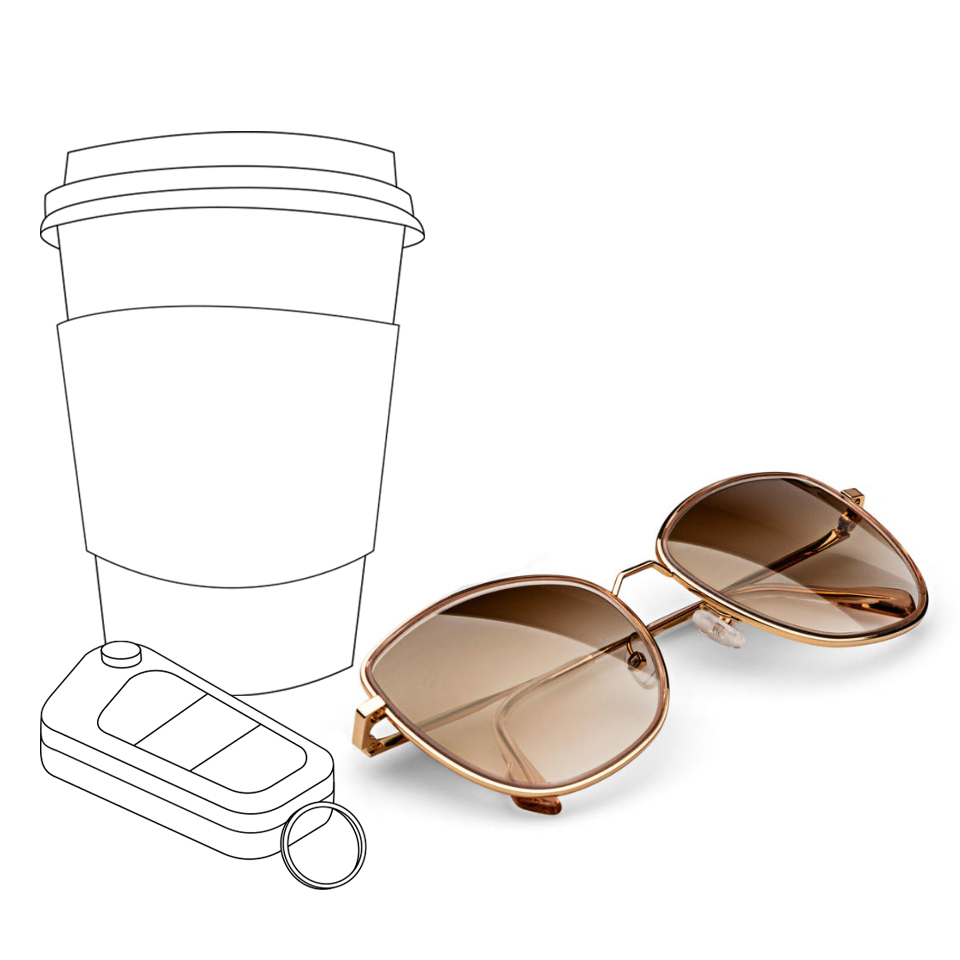 Zeichnung einer Kaffeetasse und eines Autoschlüssels und daneben ein Foto von ZEISS Sonnenschutzgläsern in der Verlaufsfarbe braun.