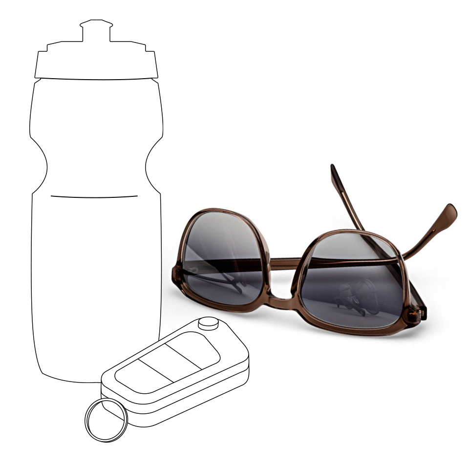 Zeichnung einer Sport-Trinkflasche und eines Autoschlüssels und daneben die wirklichkeitsgetreue Abbildung von ZEISS Sonnenschutzgläsern in der Verlaufsfarbe Grau.