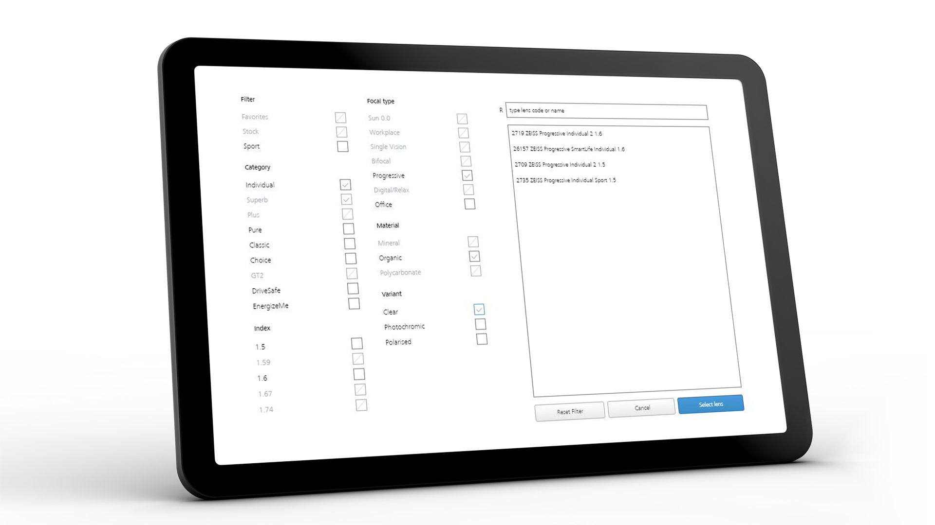 Tablet, auf dessen Bildschirm die ZEISS VISUSTORE Oberfläche für verschiedene Eingabehilfen zu sehen ist 