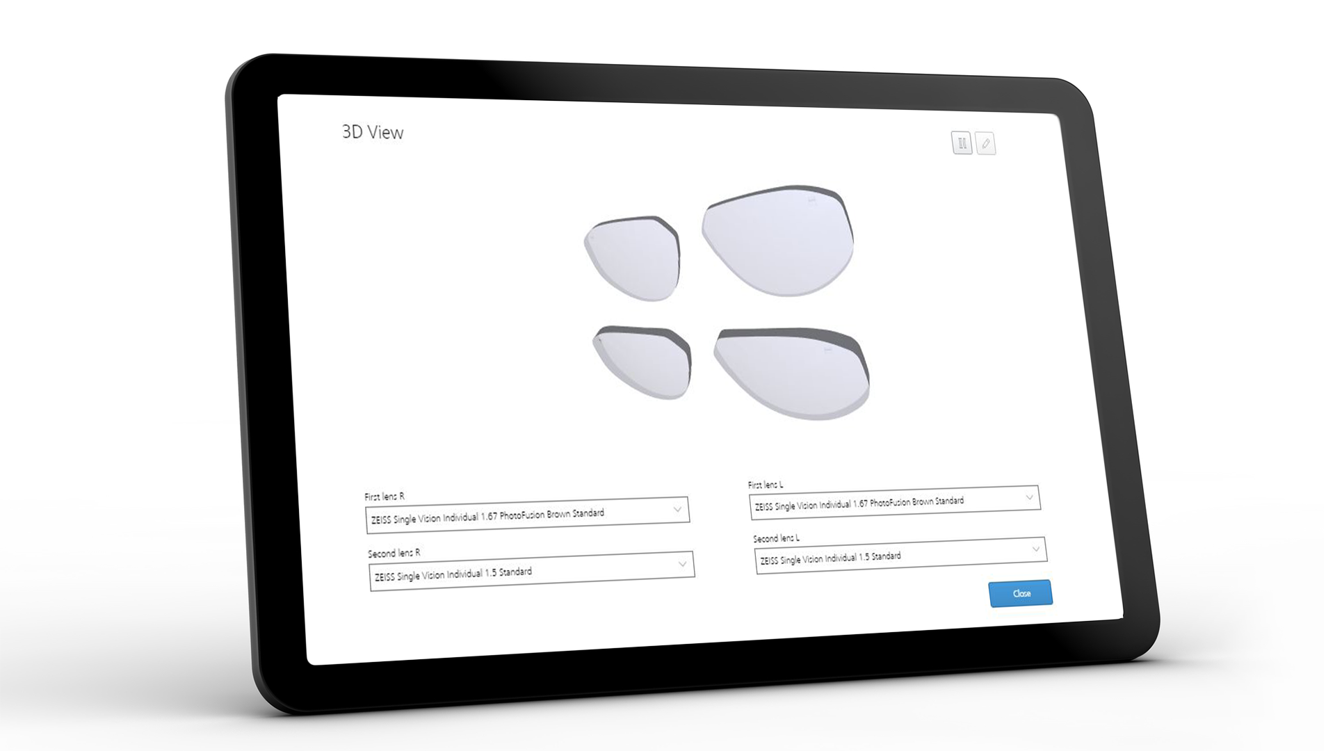 Tablet, auf dessen Bildschirm die ZEISS VISUSTORE Oberfläche für die 3D-Ansicht zu sehen ist 