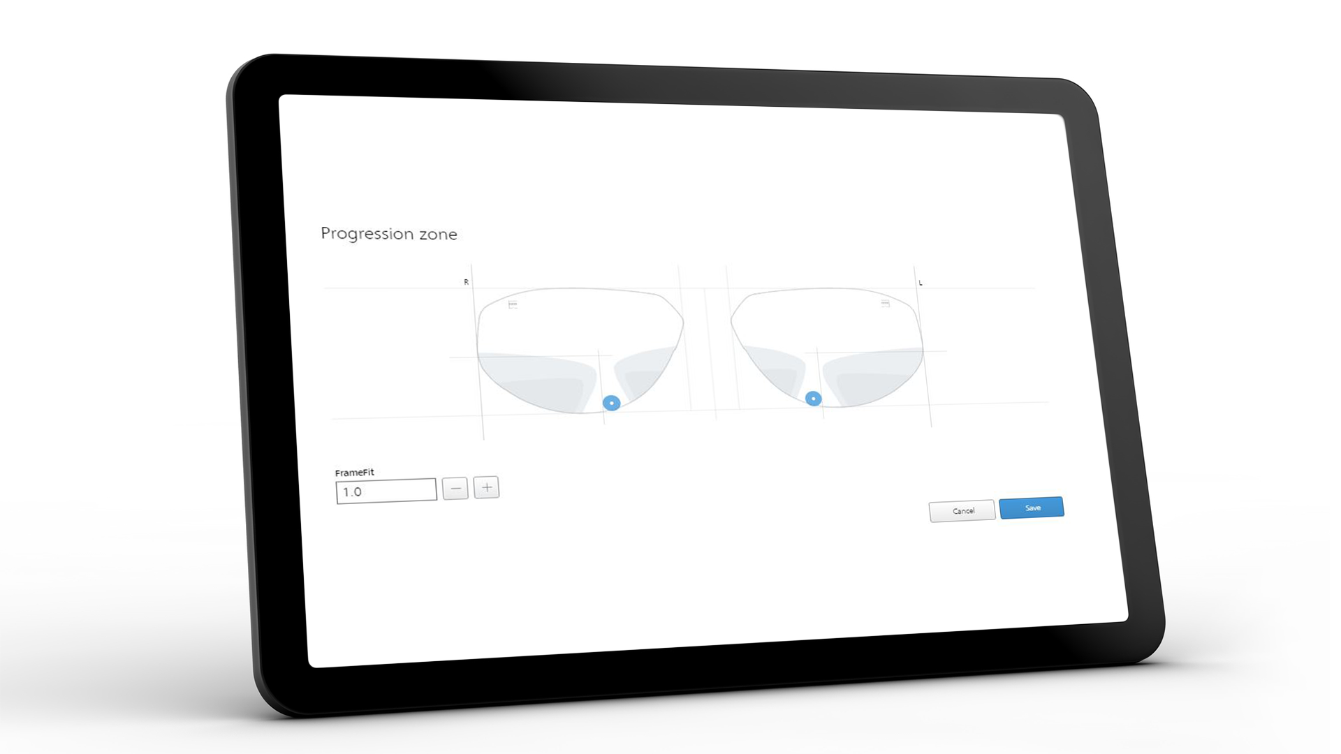 Tablet, auf dessen Bildschirm die ZEISS VISUSTORE Oberfläche für die Kontrolle der Progressionszonen zu sehen ist 